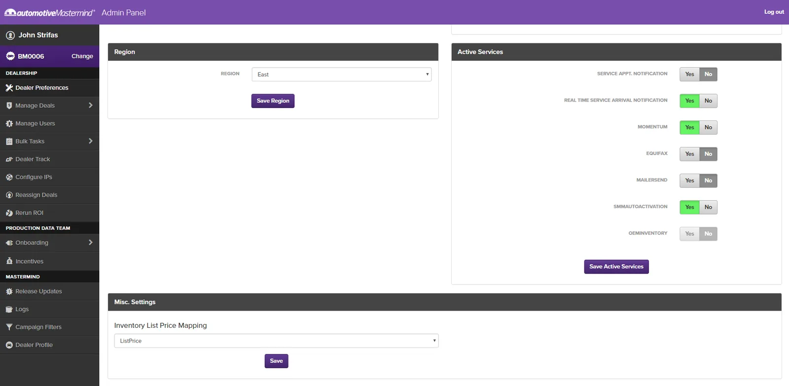 Dealer Preferences screenshot